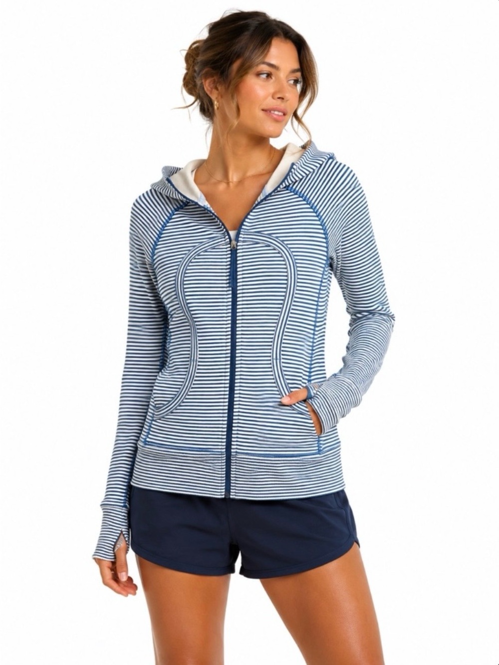 lululemon athletica Navy & White Striped Full-Zip Hoodie